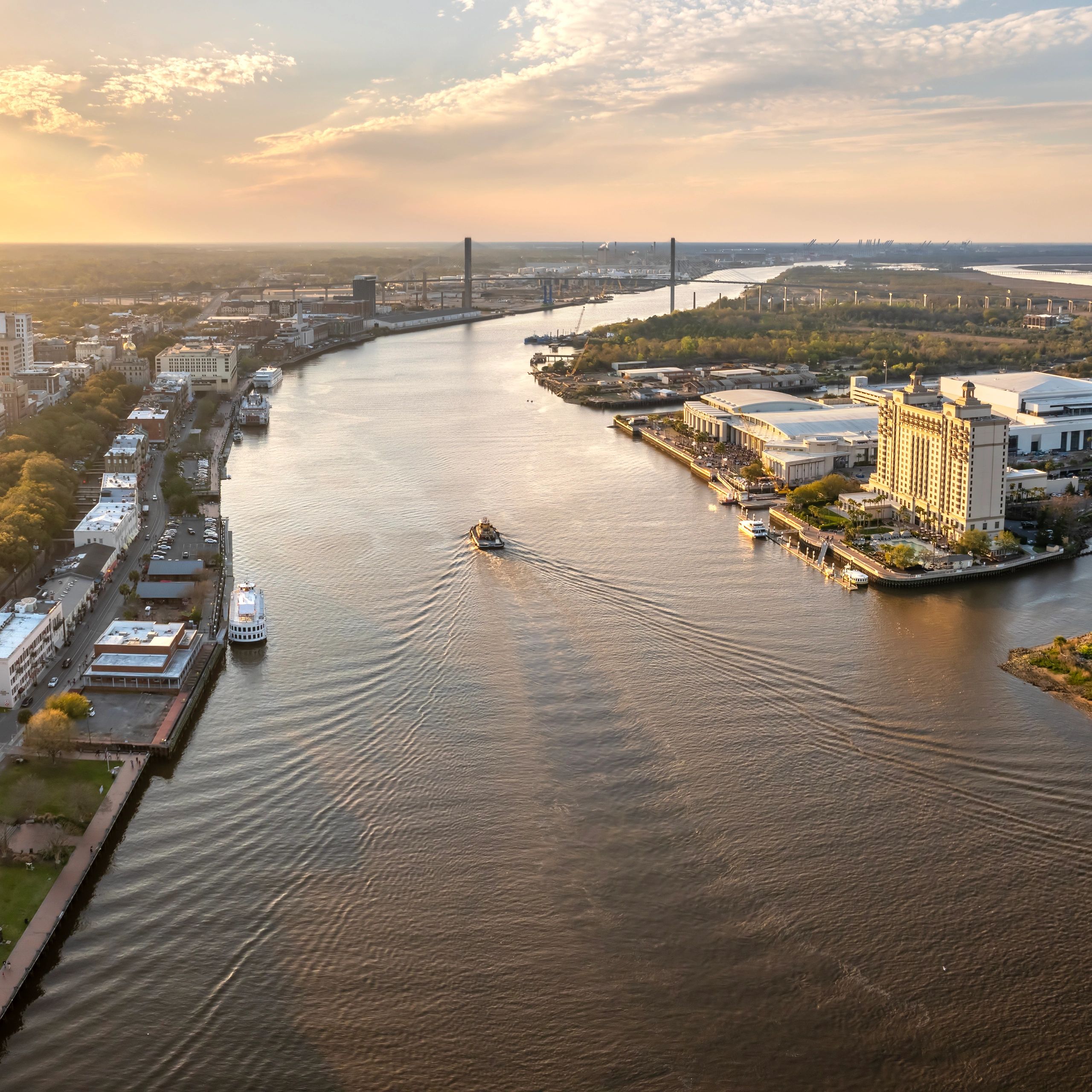 Industrial riverfront cityscape